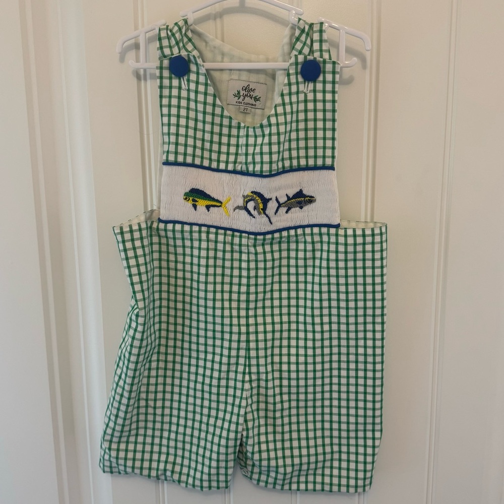 Deep Sea Fishing Green & White Gingham Short Jon Jon 2T